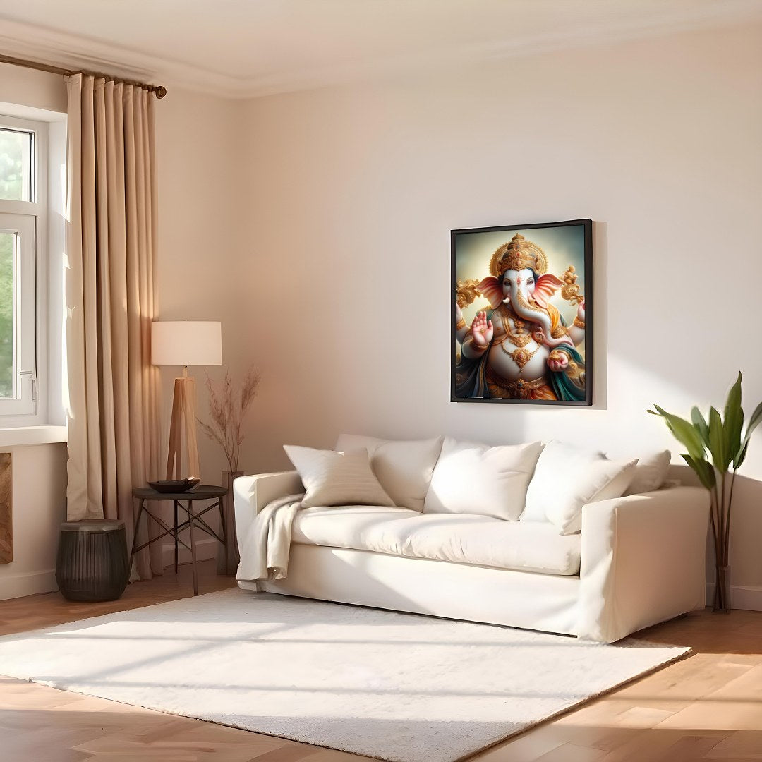 Immerse yourself in the divine serenity of 'Celestial Ganesha,' a stunning portrayal of the revered for Family Room