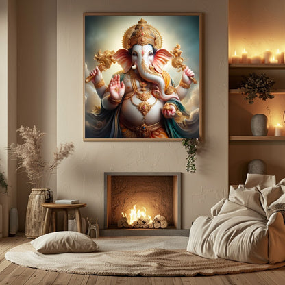 Immerse yourself in the divine serenity of 'Celestial Ganesha,' a stunning portrayal of the revered for Hall
