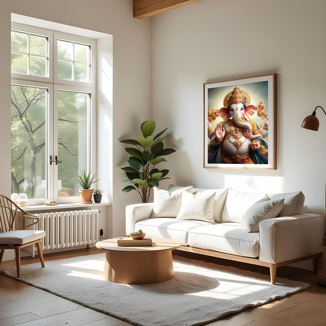 Immerse yourself in the divine serenity of 'Celestial Ganesha,' a stunning portrayal of the revered for Living Room