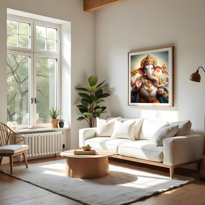 Immerse yourself in the divine serenity of 'Celestial Ganesha,' a stunning portrayal of the revered for Living Room
