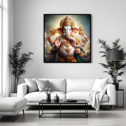 Immerse yourself in the divine serenity of 'Celestial Ganesha,' a stunning portrayal of the revered for Sitting Area