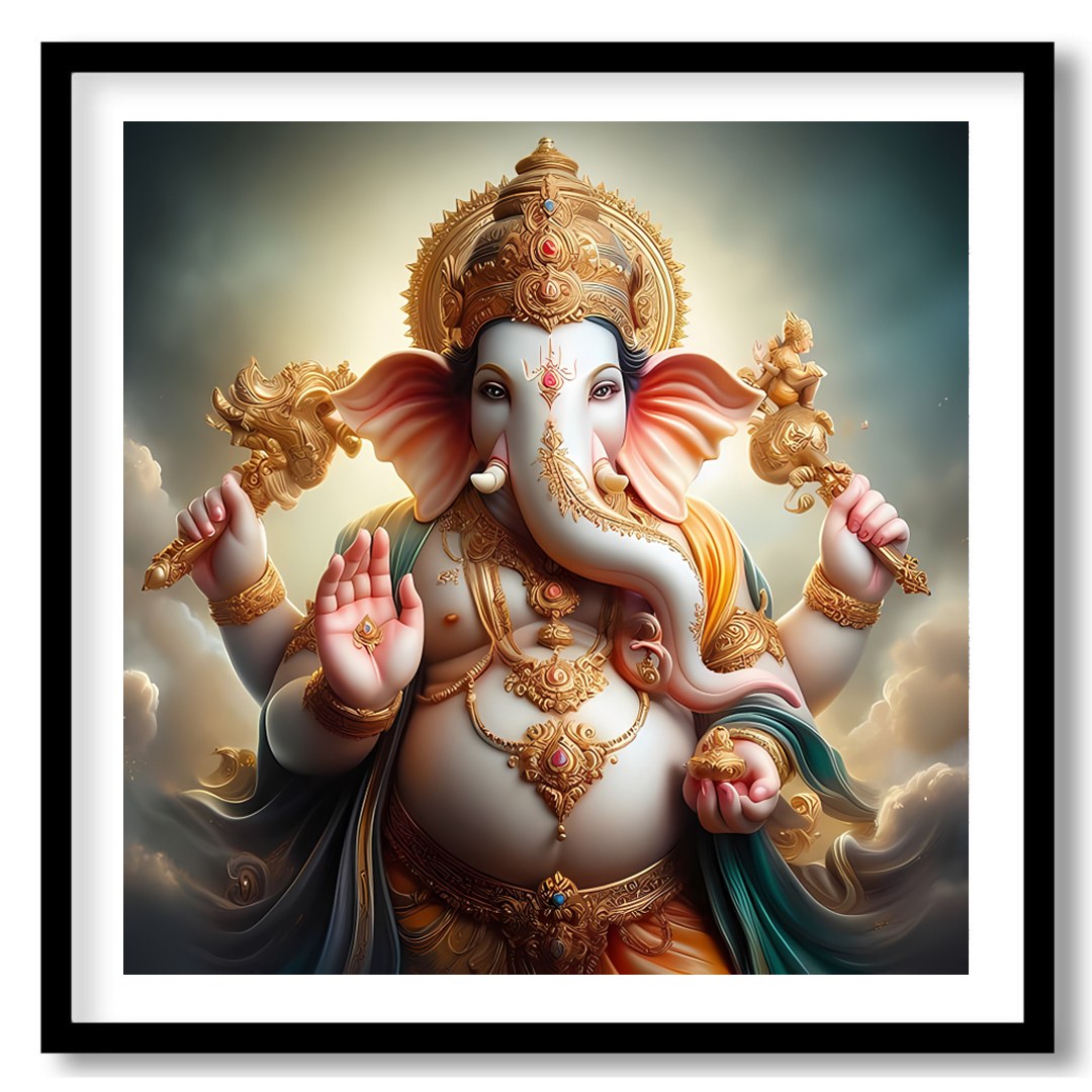 Immerse yourself in the divine serenity of 'Celestial Ganesha,' a stunning portrayal of the revered for sweet-home