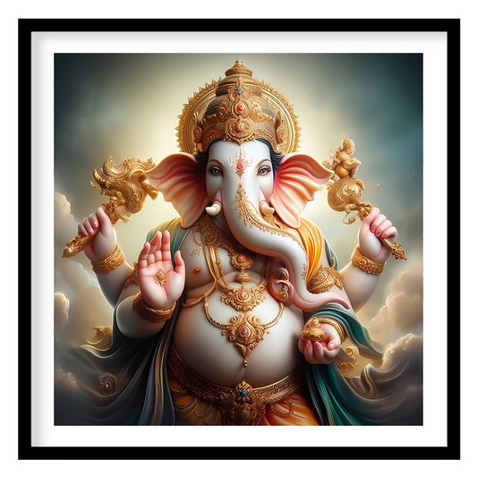 Immerse yourself in the divine serenity of 'Celestial Ganesha,' a stunning portrayal of the revered for sweet-home