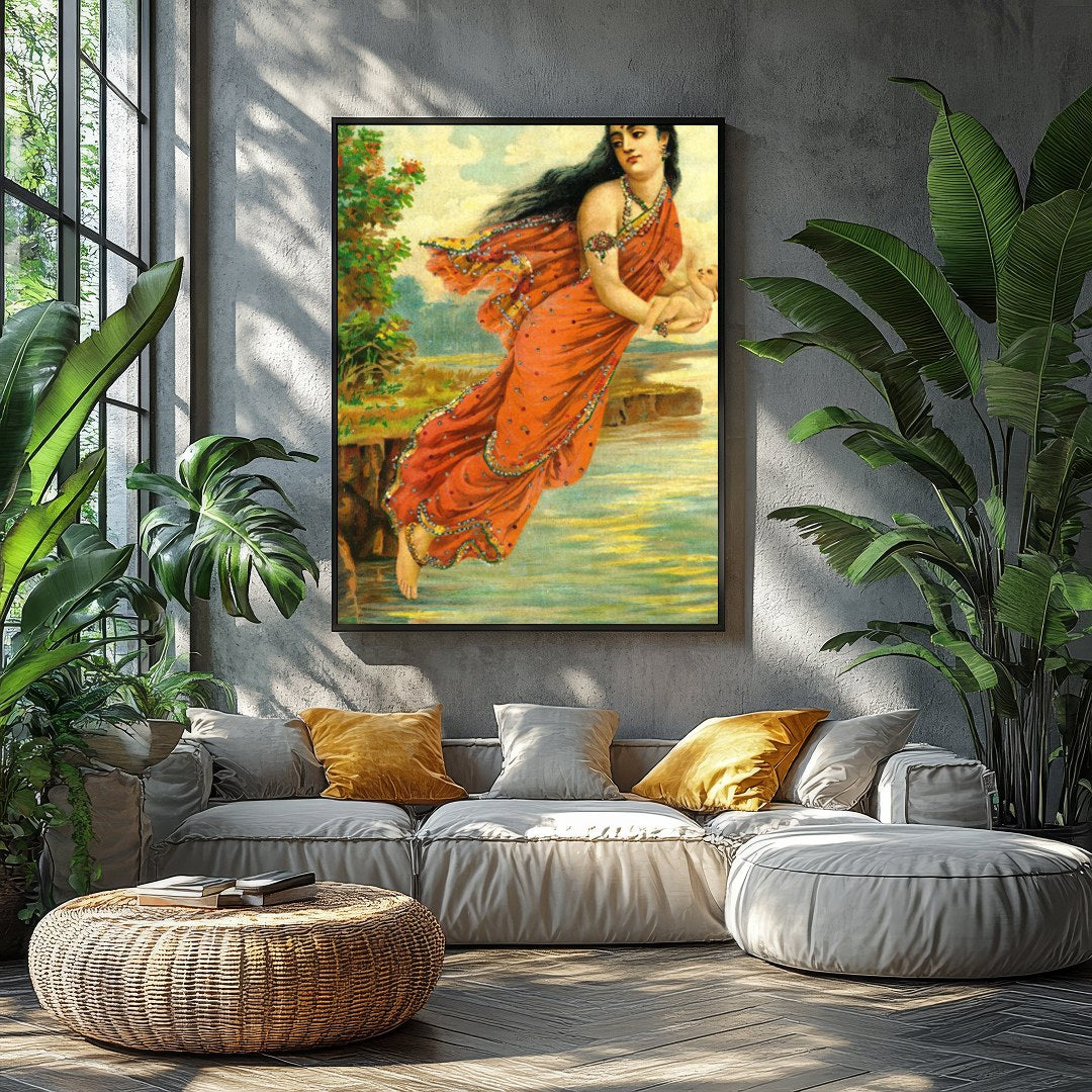 This captivating artwork depicts a serene woman enveloped in an intricately designed red saree, for Balcony