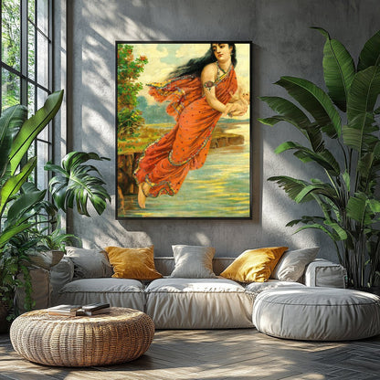 This captivating artwork depicts a serene woman enveloped in an intricately designed red saree, for Balcony
