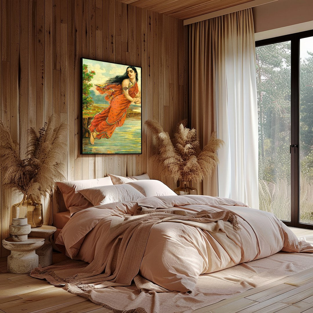 This captivating artwork depicts a serene woman enveloped in an intricately designed red saree, for Bedroom