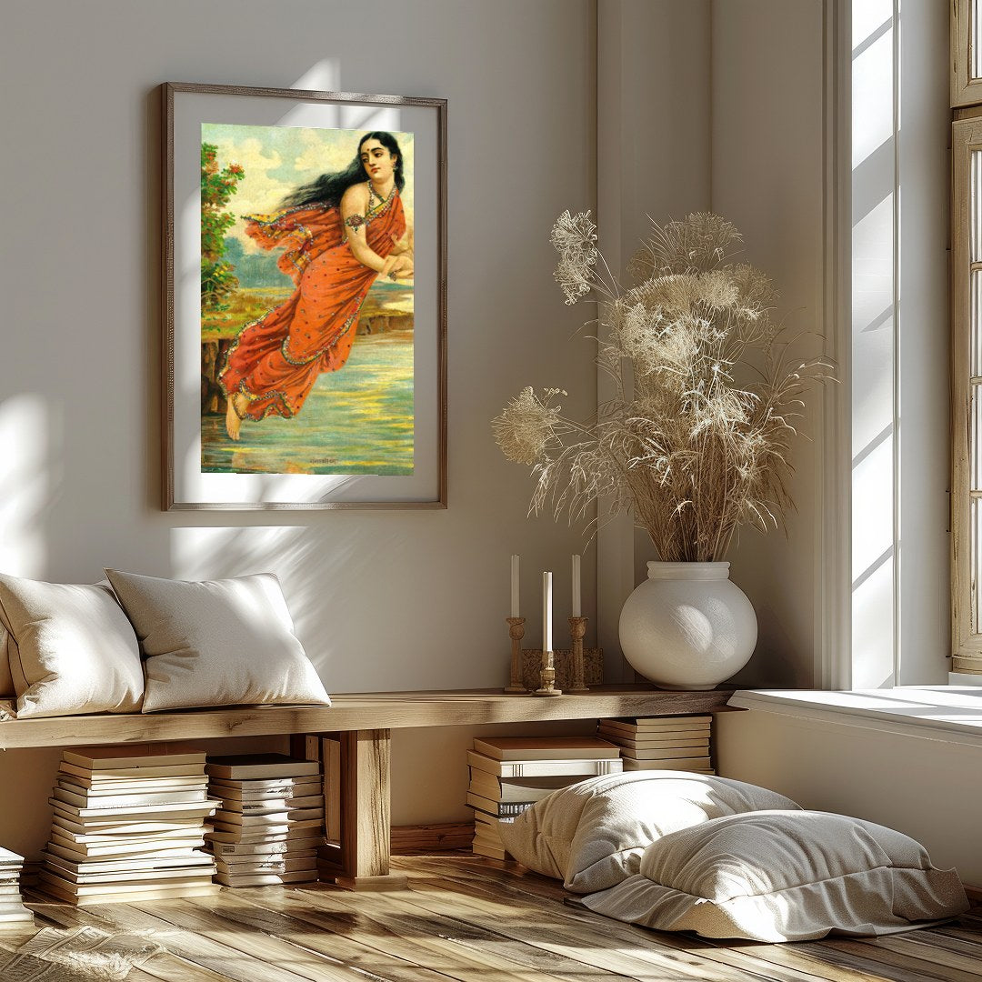 This captivating artwork depicts a serene woman enveloped in an intricately designed red saree, for dwelling