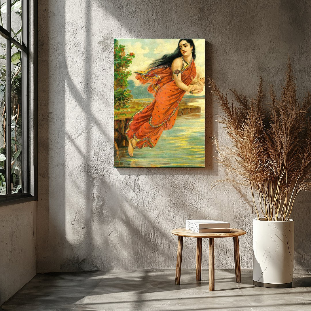 This captivating artwork depicts a serene woman enveloped in an intricately designed red saree, for Entrance