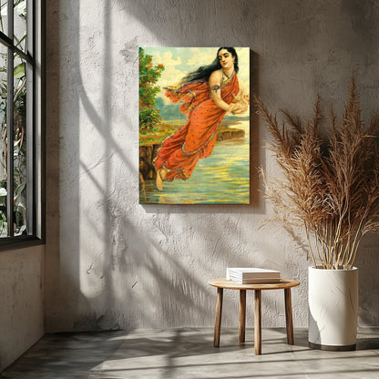 This captivating artwork depicts a serene woman enveloped in an intricately designed red saree, for Entrance