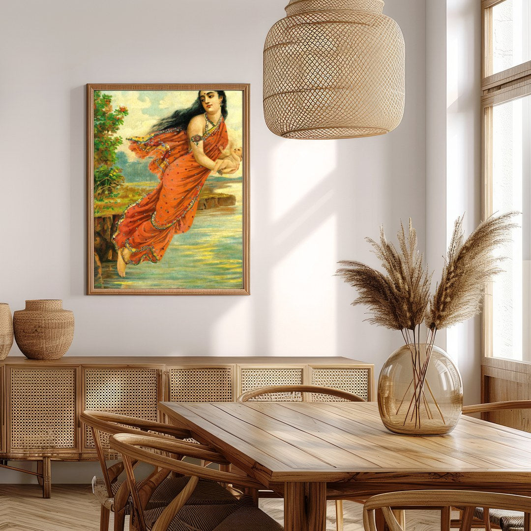 This captivating artwork depicts a serene woman enveloped in an intricately designed red saree, for Extra Kitchen