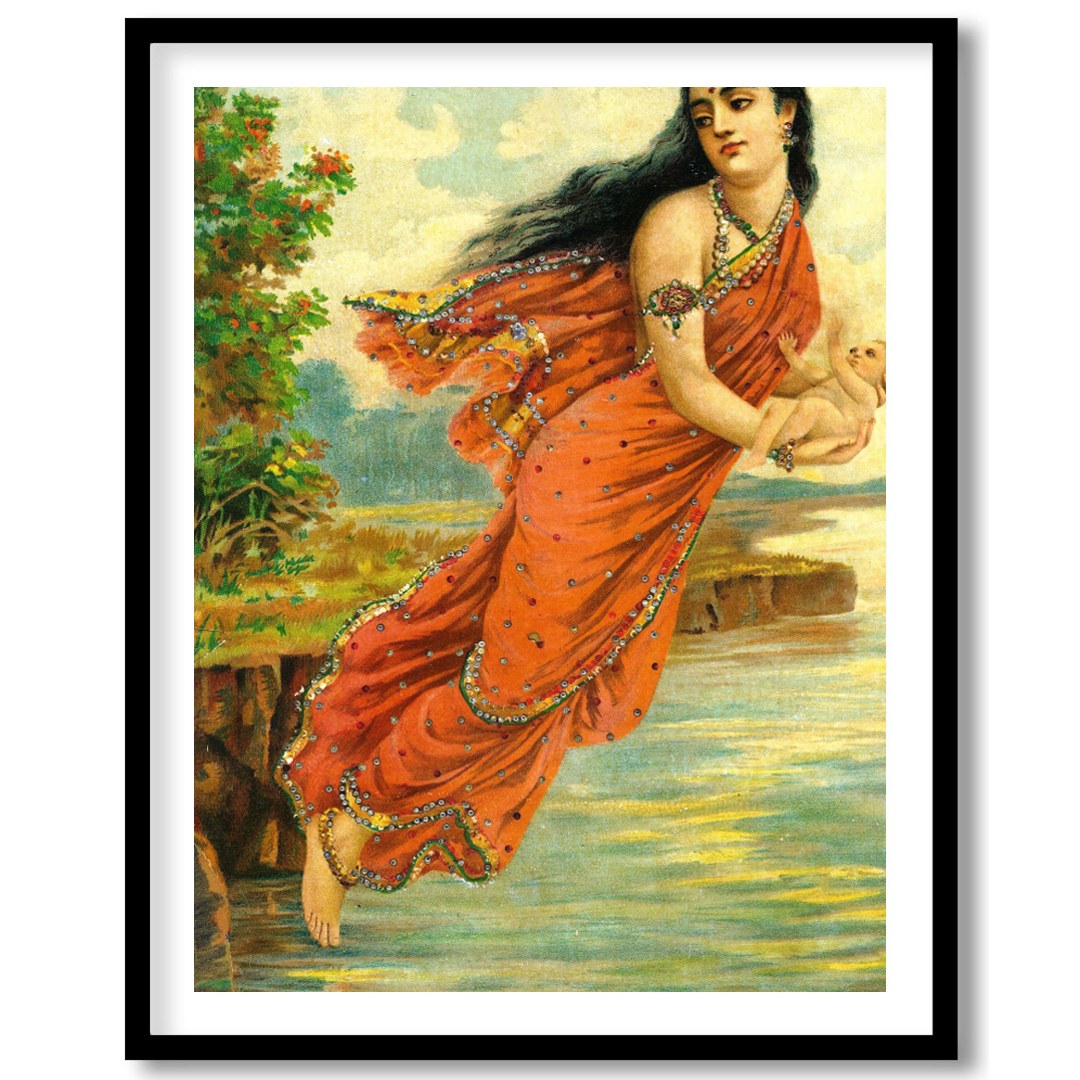 This captivating artwork depicts a serene woman enveloped in an intricately designed red saree, for gallery