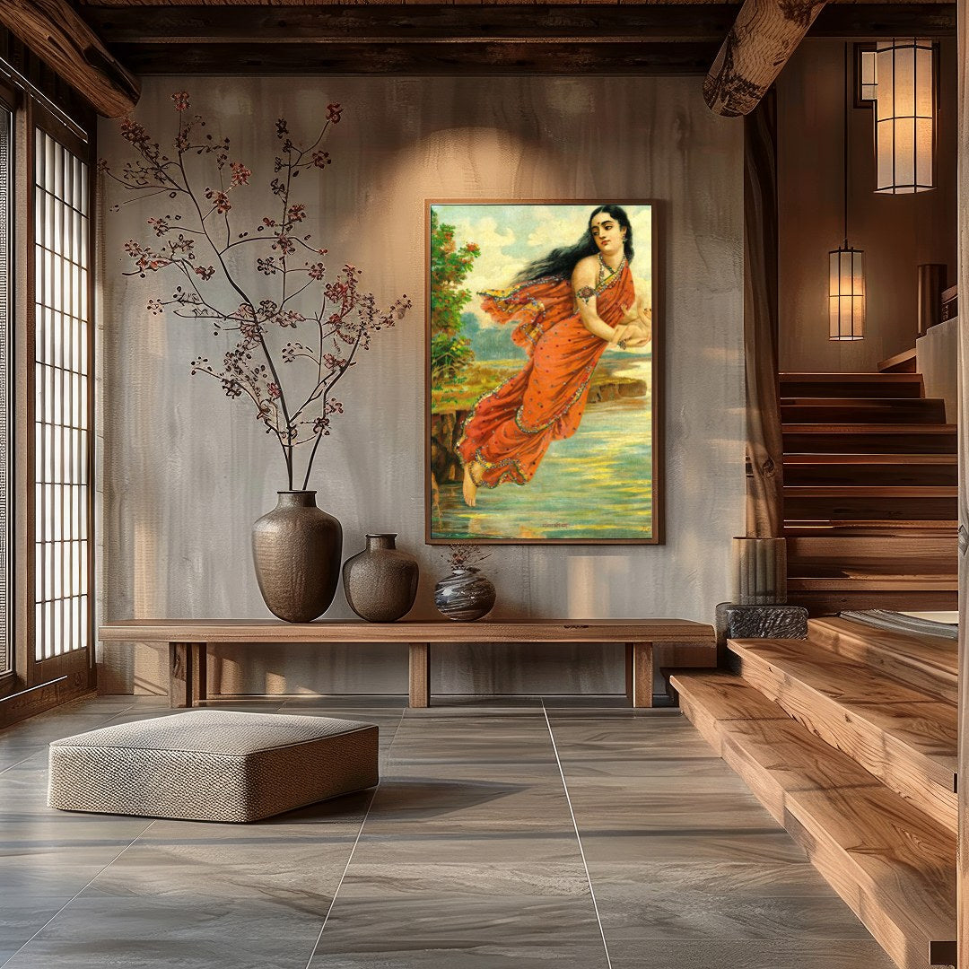 This captivating artwork depicts a serene woman enveloped in an intricately designed red saree, for Hall