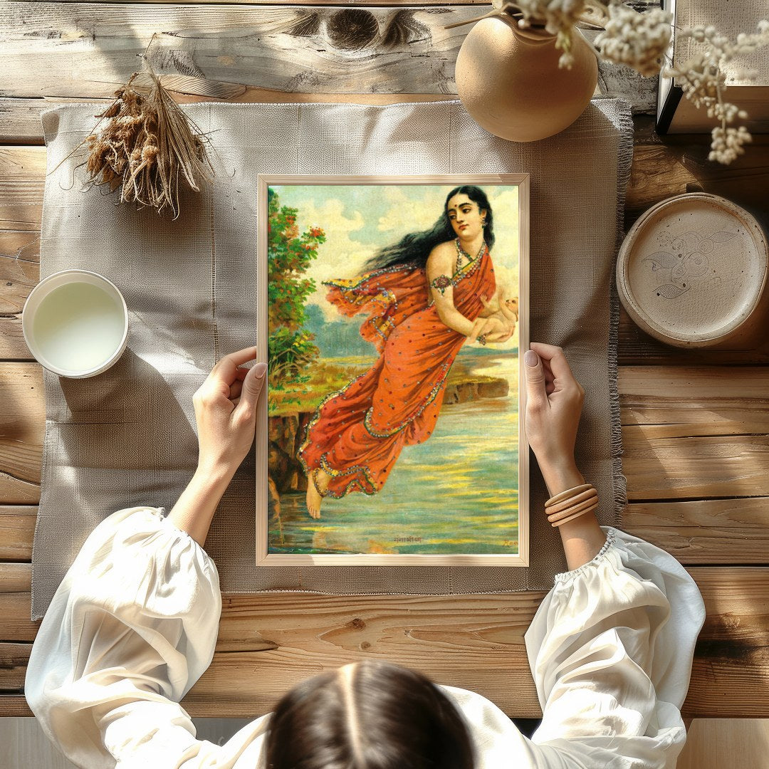 This captivating artwork depicts a serene woman enveloped in an intricately designed red saree, for Kitchen