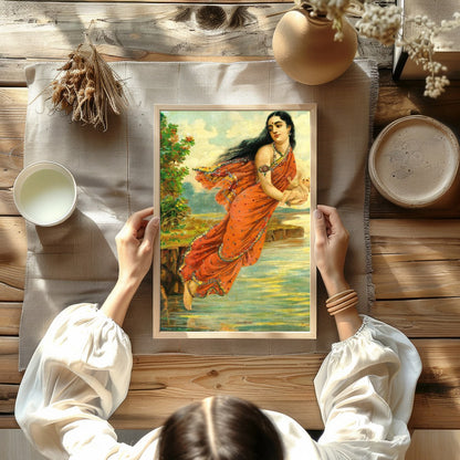This captivating artwork depicts a serene woman enveloped in an intricately designed red saree, for Kitchen