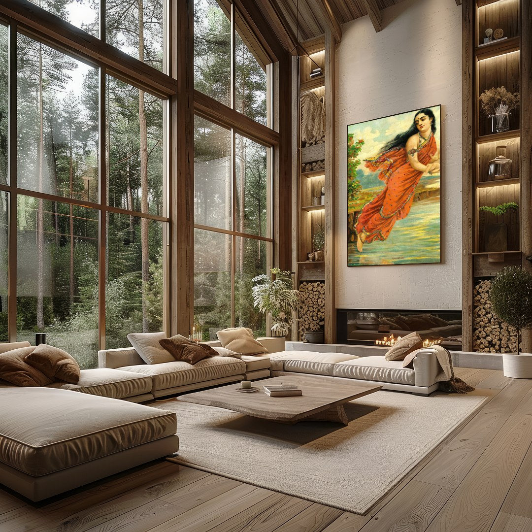 This captivating artwork depicts a serene woman enveloped in an intricately designed red saree, for Living Room