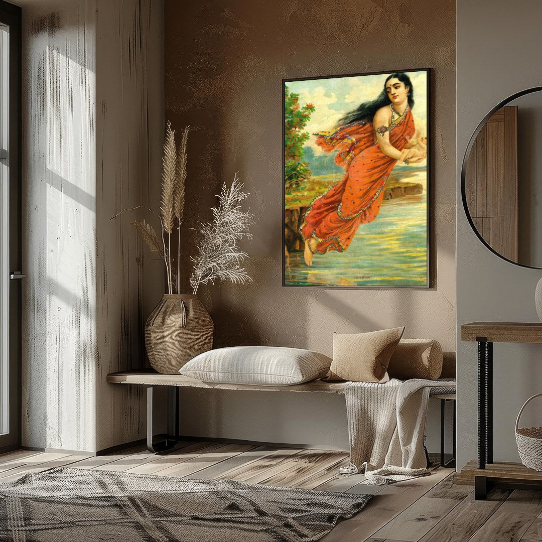 This captivating artwork depicts a serene woman enveloped in an intricately designed red saree, for sanctuary