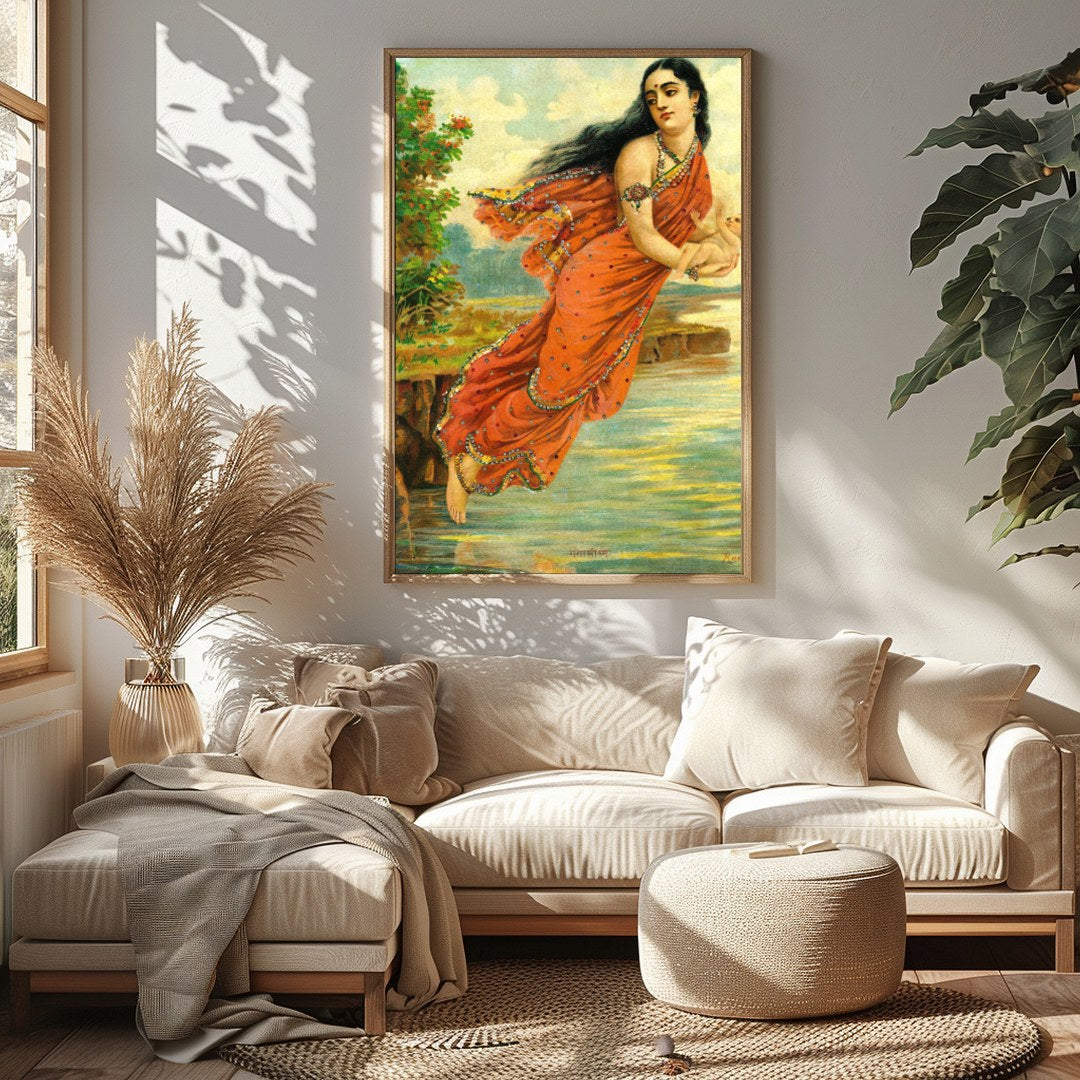 This captivating artwork depicts a serene woman enveloped in an intricately designed red saree, for Sitting Area