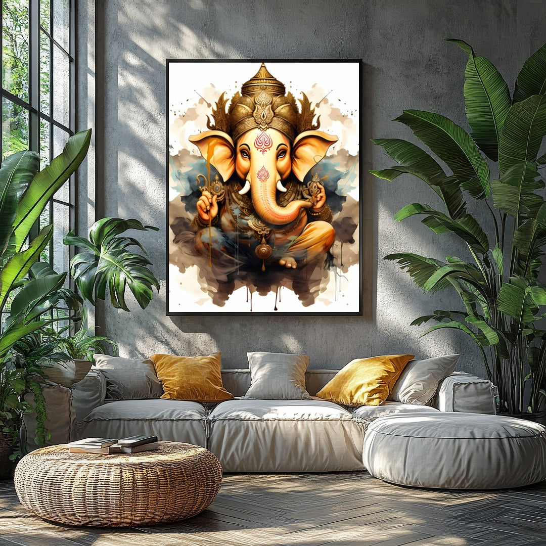 Capture the essence of spirituality with this stunning artwork featuring a divine elephant adorned for Balcony