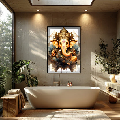 Capture the essence of spirituality with this stunning artwork featuring a divine elephant adorned for Bathroom
