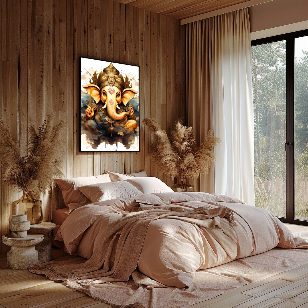 Capture the essence of spirituality with this stunning artwork featuring a divine elephant adorned for Bedroom