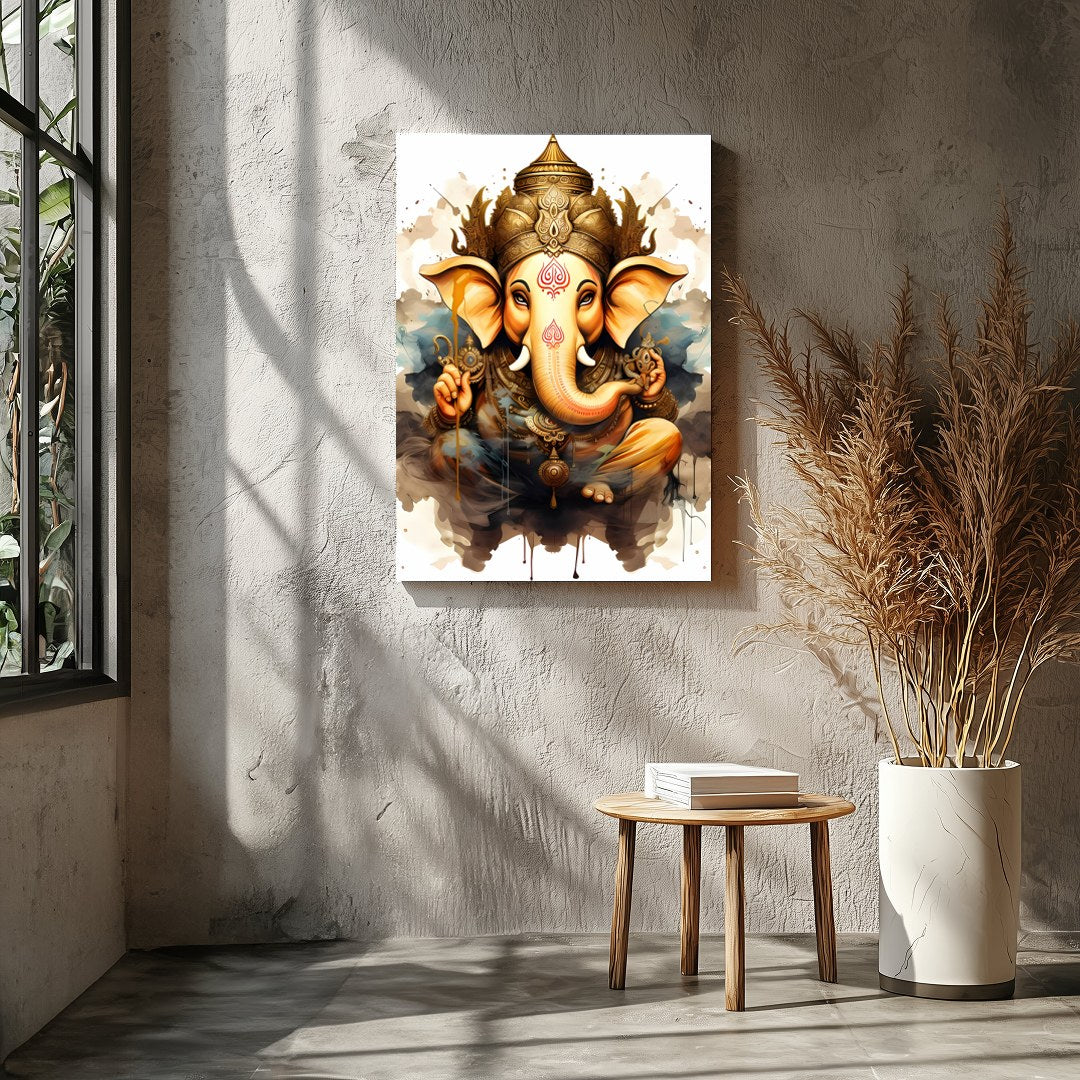 Capture the essence of spirituality with this stunning artwork featuring a divine elephant adorned for Entrance