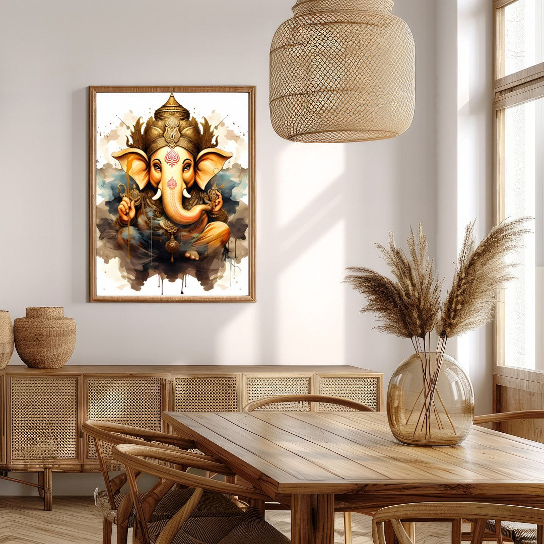Capture the essence of spirituality with this stunning artwork featuring a divine elephant adorned for Extra Kitchen
