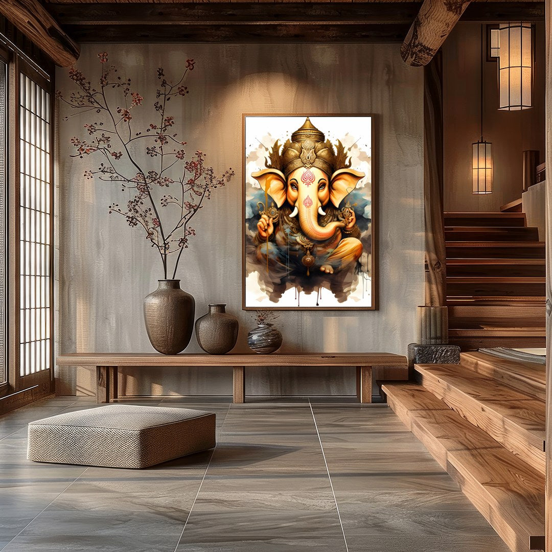 Capture the essence of spirituality with this stunning artwork featuring a divine elephant adorned for Hall