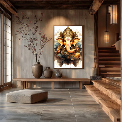 Capture the essence of spirituality with this stunning artwork featuring a divine elephant adorned for Hall