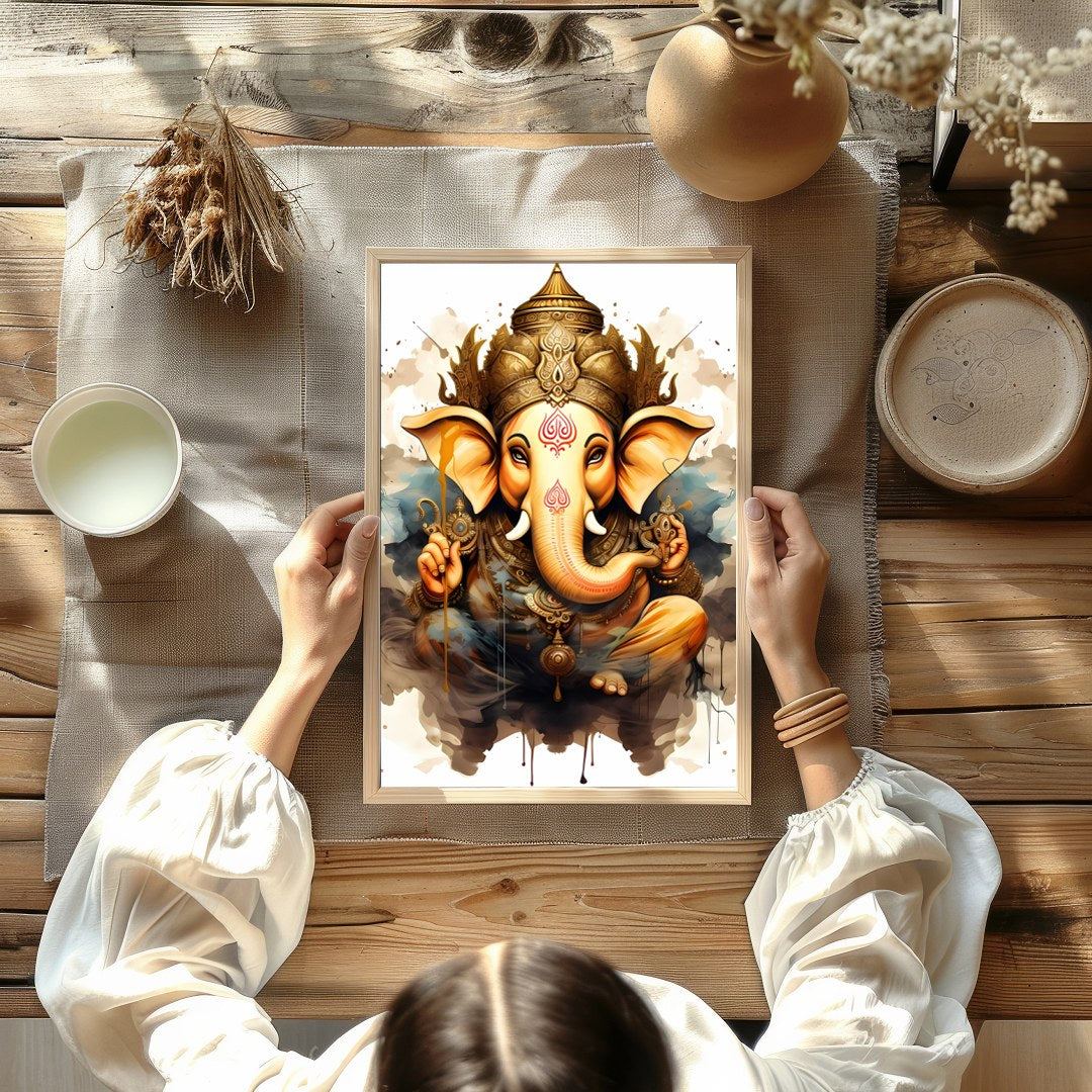 Capture the essence of spirituality with this stunning artwork featuring a divine elephant adorned for Kitchen