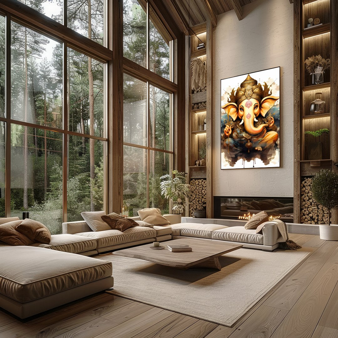 Capture the essence of spirituality with this stunning artwork featuring a divine elephant adorned for Living Room