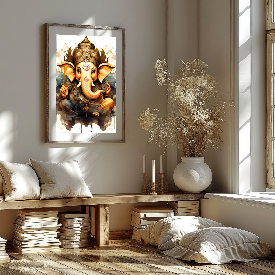 Capture the essence of spirituality with this stunning artwork featuring a divine elephant adorned for lovely-house