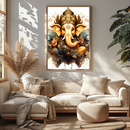 Capture the essence of spirituality with this stunning artwork featuring a divine elephant adorned for Sitting Area