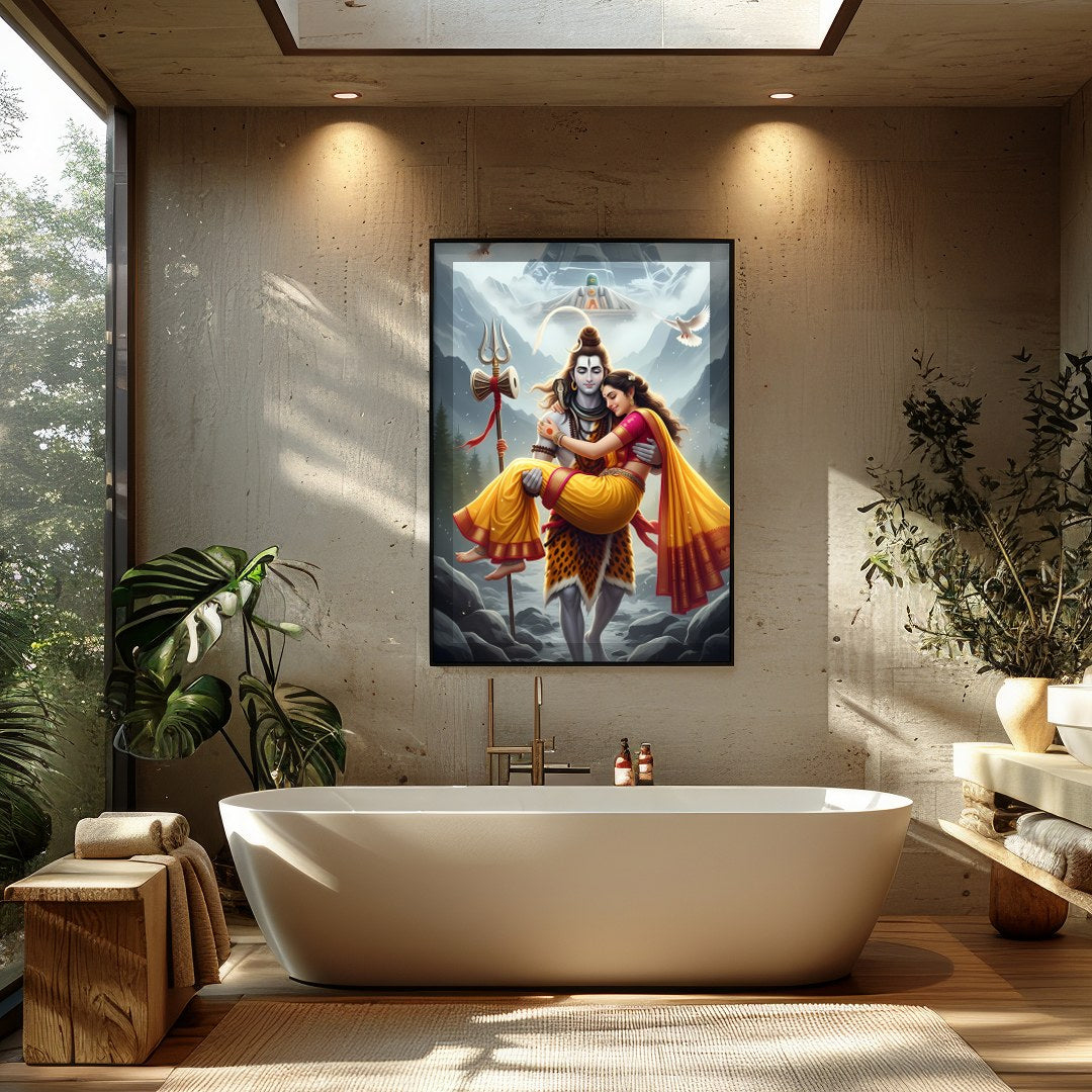 This stunning artwork captures a serene and divine scene set amidst the majestic Himalayas. The for Bathroom