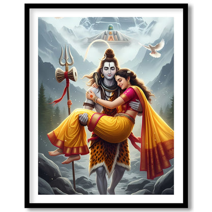 This stunning artwork captures a serene and divine scene set amidst the majestic Himalayas. The for dwelling