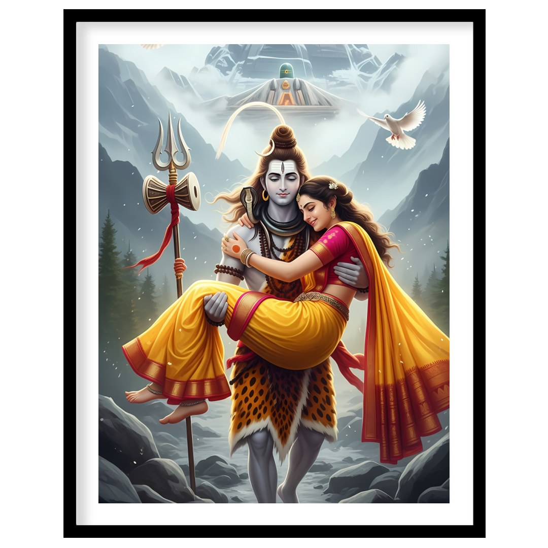 This stunning artwork captures a serene and divine scene set amidst the majestic Himalayas. The for dwelling