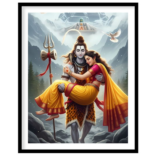 This stunning artwork captures a serene and divine scene set amidst the majestic Himalayas. The for dwelling