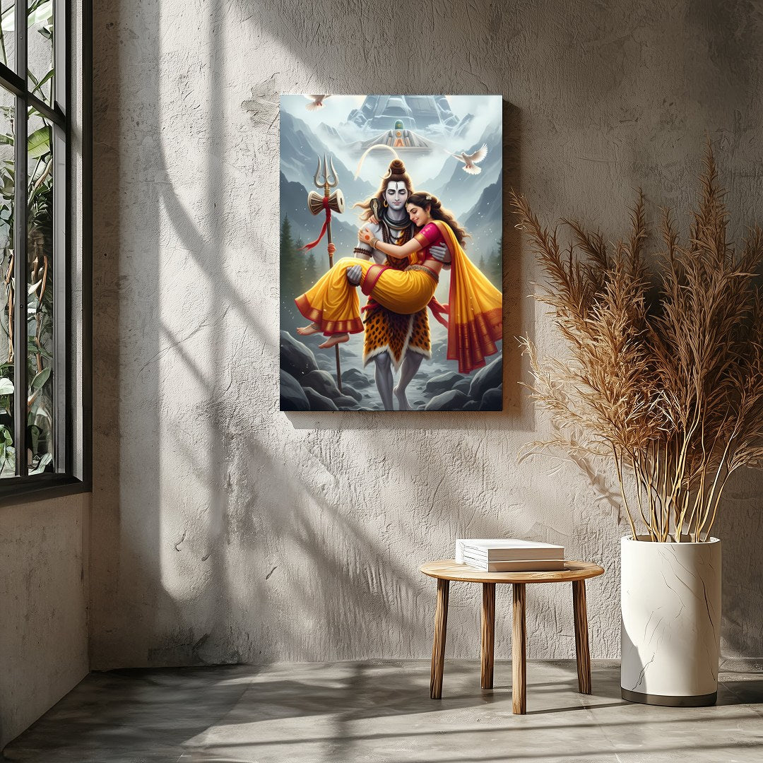This stunning artwork captures a serene and divine scene set amidst the majestic Himalayas. The for Entrance