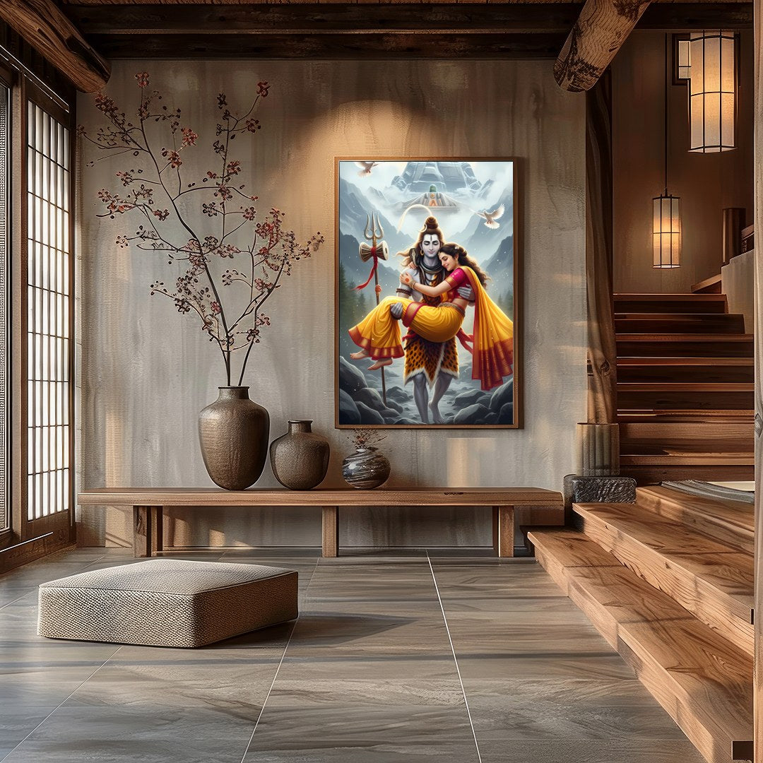 This stunning artwork captures a serene and divine scene set amidst the majestic Himalayas. The for Hall
