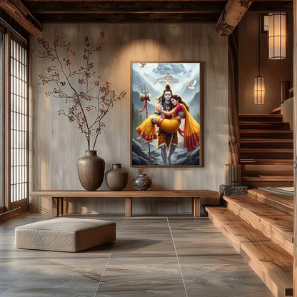 This stunning artwork captures a serene and divine scene set amidst the majestic Himalayas. The for Hall