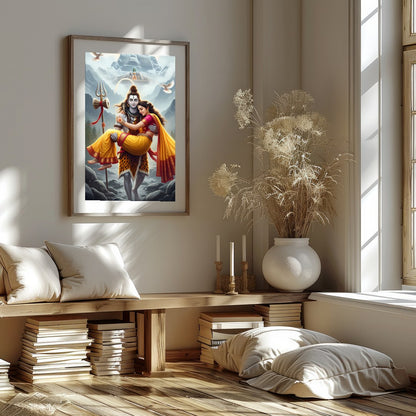 This stunning artwork captures a serene and divine scene set amidst the majestic Himalayas. The for house