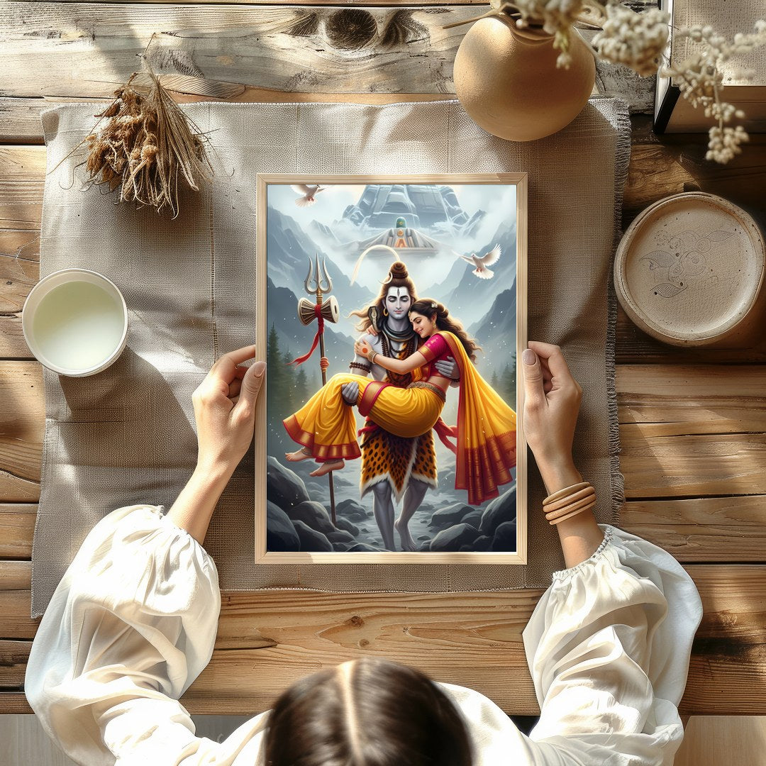 This stunning artwork captures a serene and divine scene set amidst the majestic Himalayas. The for Kitchen
