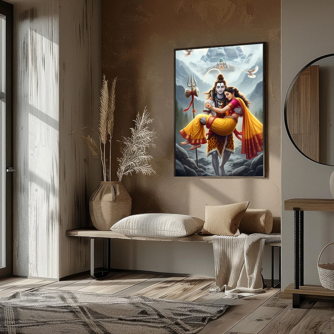 This stunning artwork captures a serene and divine scene set amidst the majestic Himalayas. The for place