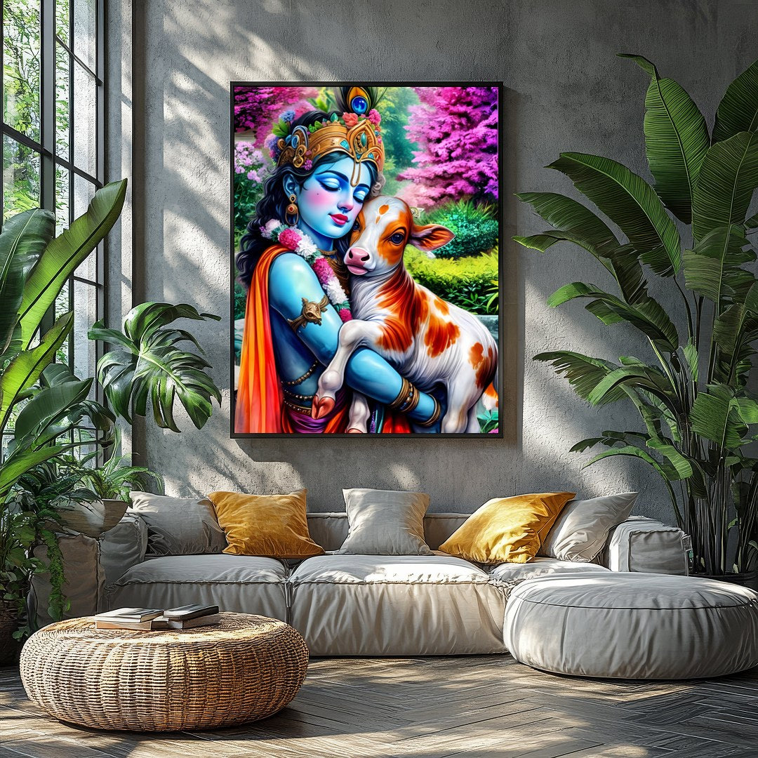 Experience the serene beauty of this vibrant artwork featuring Lord Krishna tenderly embracing a for Balcony