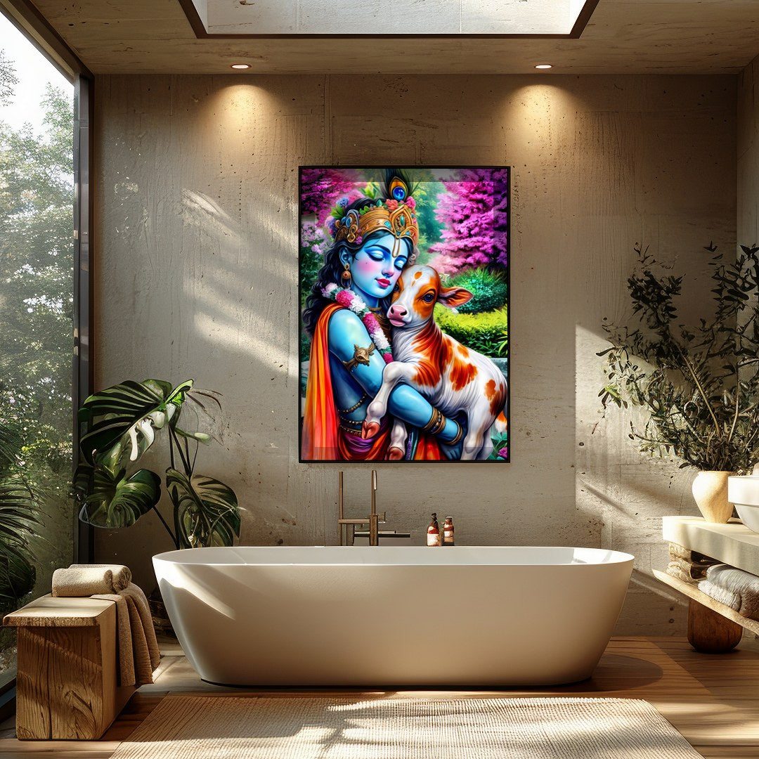 Experience the serene beauty of this vibrant artwork featuring Lord Krishna tenderly embracing a for Bathroom