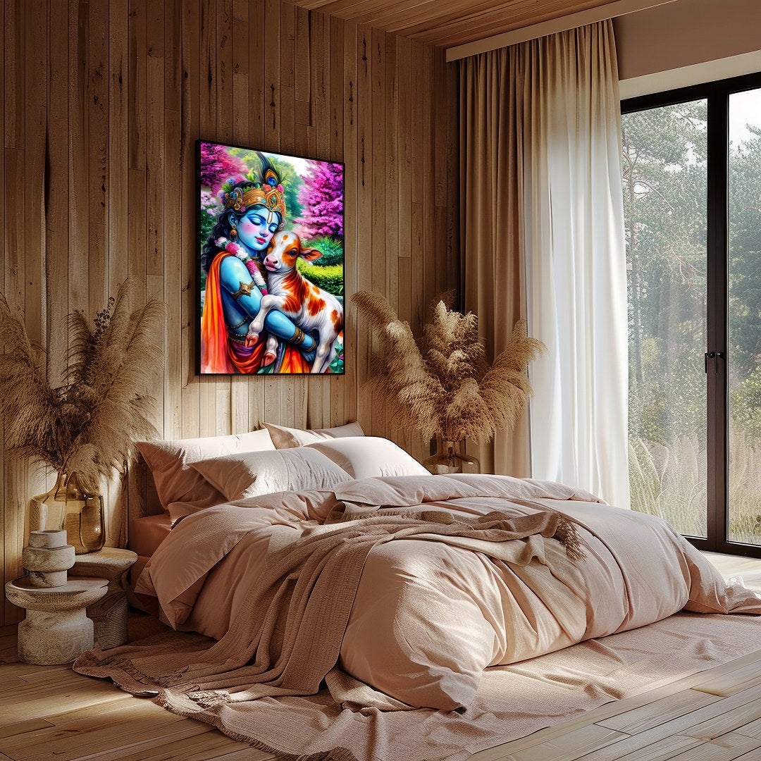 Experience the serene beauty of this vibrant artwork featuring Lord Krishna tenderly embracing a for Bedroom
