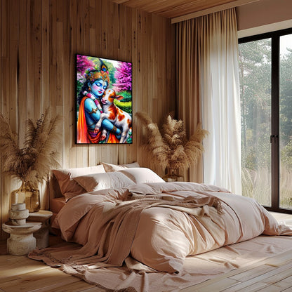 Experience the serene beauty of this vibrant artwork featuring Lord Krishna tenderly embracing a for Bedroom