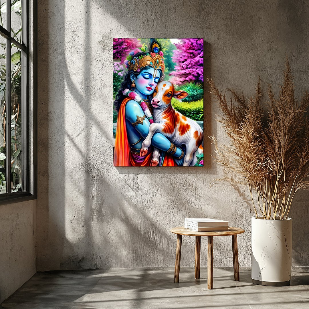 Experience the serene beauty of this vibrant artwork featuring Lord Krishna tenderly embracing a for Entrance