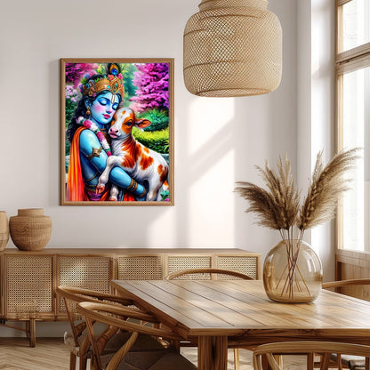 Experience the serene beauty of this vibrant artwork featuring Lord Krishna tenderly embracing a for Extra Kitchen