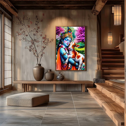 Experience the serene beauty of this vibrant artwork featuring Lord Krishna tenderly embracing a for Hall
