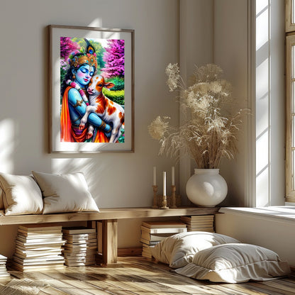 Experience the serene beauty of this vibrant artwork featuring Lord Krishna tenderly embracing a for hallway